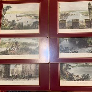 Vintage LadyClare hard picture placemats with burgundy border & gold acc…